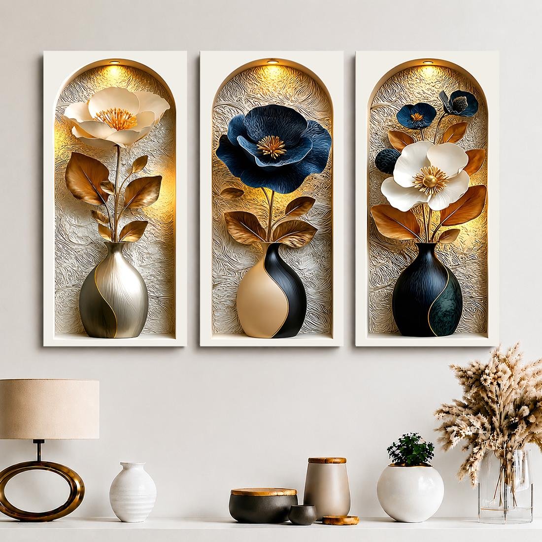 TENNESY Hiasan Dinding Aesthetic Bunga Etnik Set 3 Panel 15x30CM Wall Decor Pajangan Kamar Dekorasi Ruang Tamu Rumah