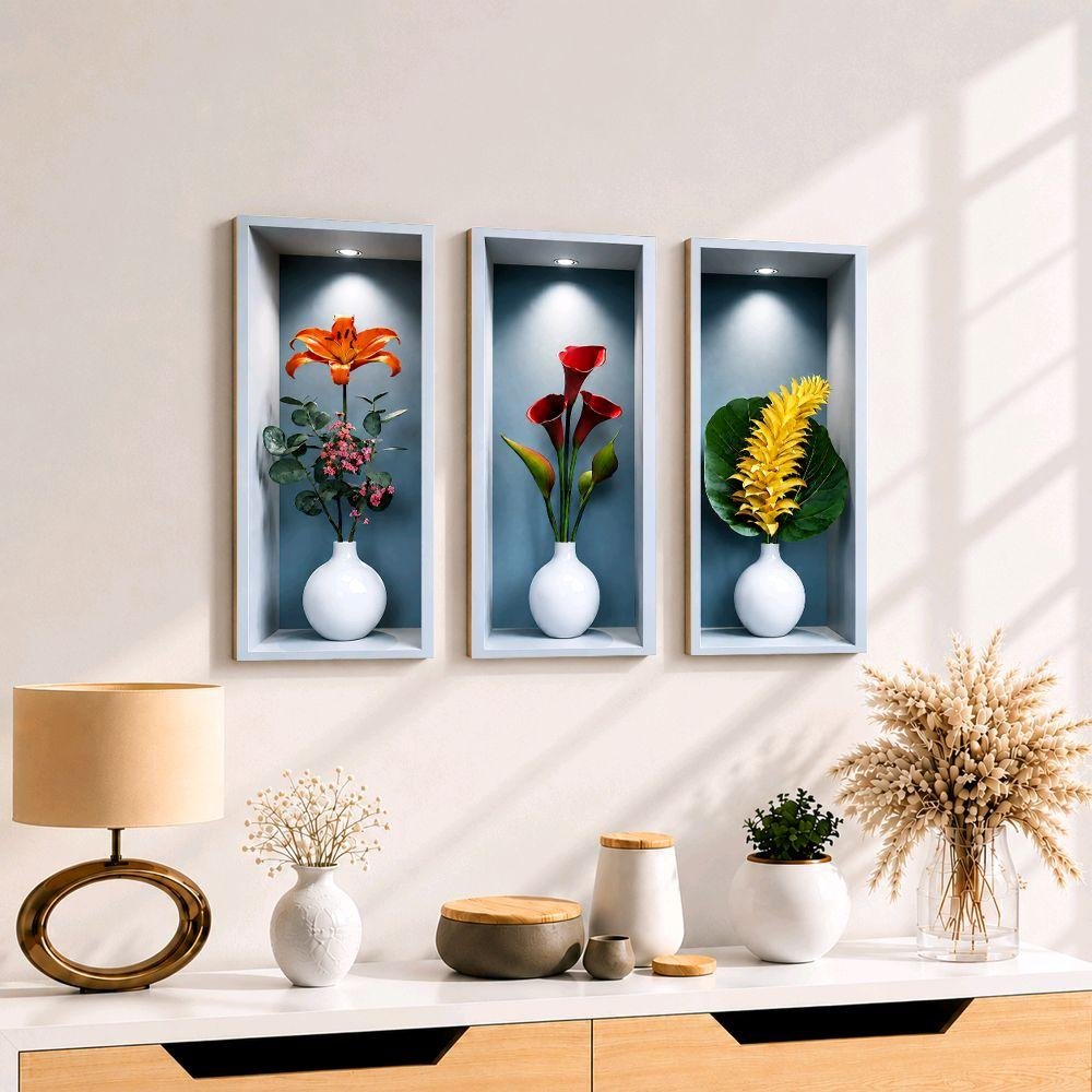 TENNESY Hiasan Dinding Aesthetic Bunga Tropical Set 3 Panel 15x30CM Wall Decor Pajangan Kamar Dekorasi Ruang Tamu Rumah - Gambar 2