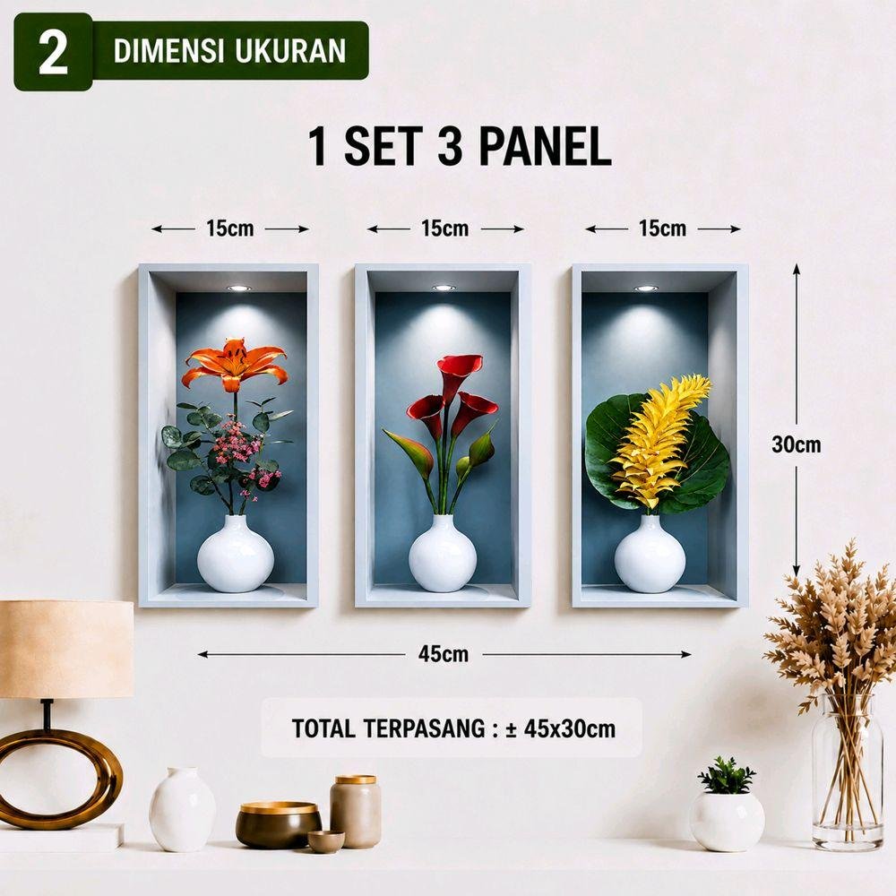 TENNESY Hiasan Dinding Aesthetic Bunga Tropical Set 3 Panel 15x30CM Wall Decor Pajangan Kamar Dekorasi Ruang Tamu Rumah - Gambar 4