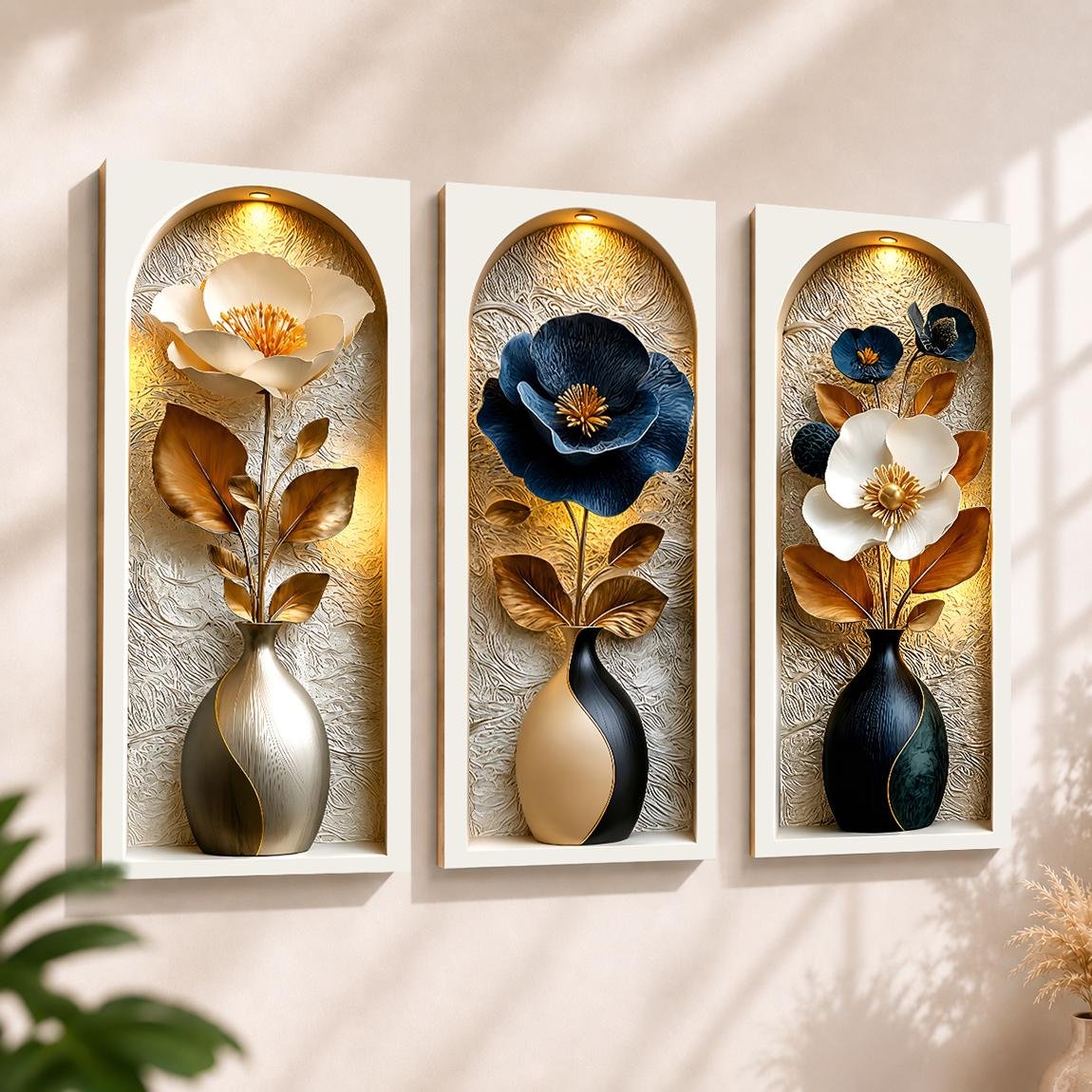 TENNESY Hiasan Dinding Aesthetic Bunga Etnik Set 3 Panel 15x30CM Wall Decor Pajangan Kamar Dekorasi Ruang Tamu Rumah - Gambar 2