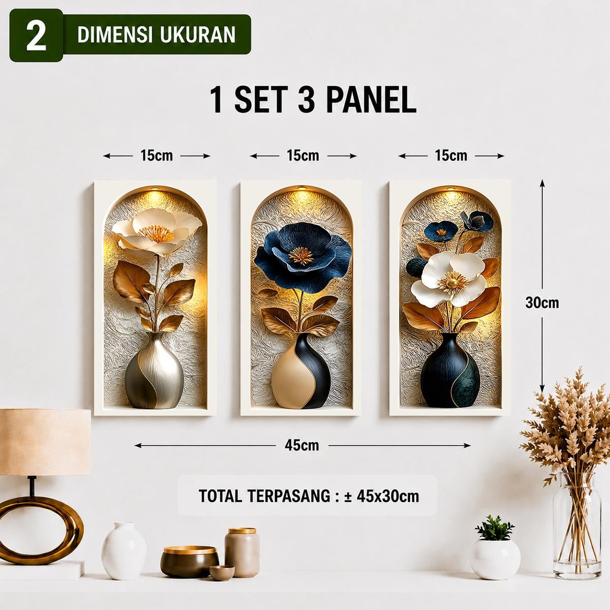 TENNESY Hiasan Dinding Aesthetic Bunga Etnik Set 3 Panel 15x30CM Wall Decor Pajangan Kamar Dekorasi Ruang Tamu Rumah - Gambar 3