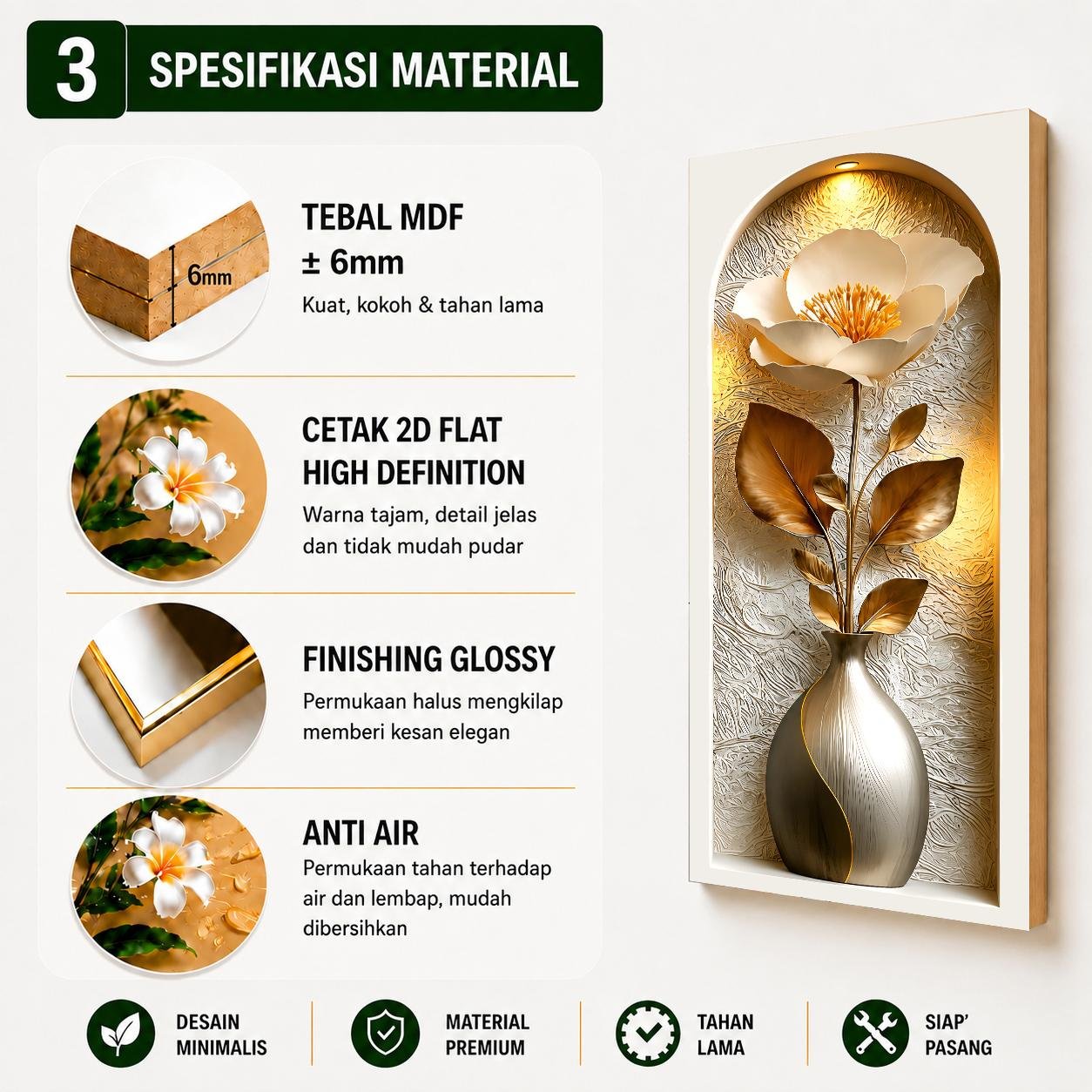 TENNESY Hiasan Dinding Aesthetic Bunga Etnik Set 3 Panel 15x30CM Wall Decor Pajangan Kamar Dekorasi Ruang Tamu Rumah - Gambar 4