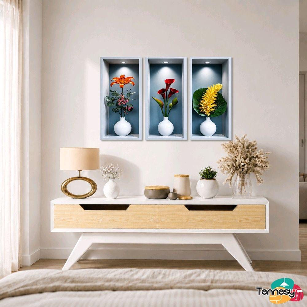 TENNESY Hiasan Dinding Aesthetic Bunga Tropical Set 3 Panel 15x30CM Wall Decor Pajangan Kamar Dekorasi Ruang Tamu Rumah - Gambar 3